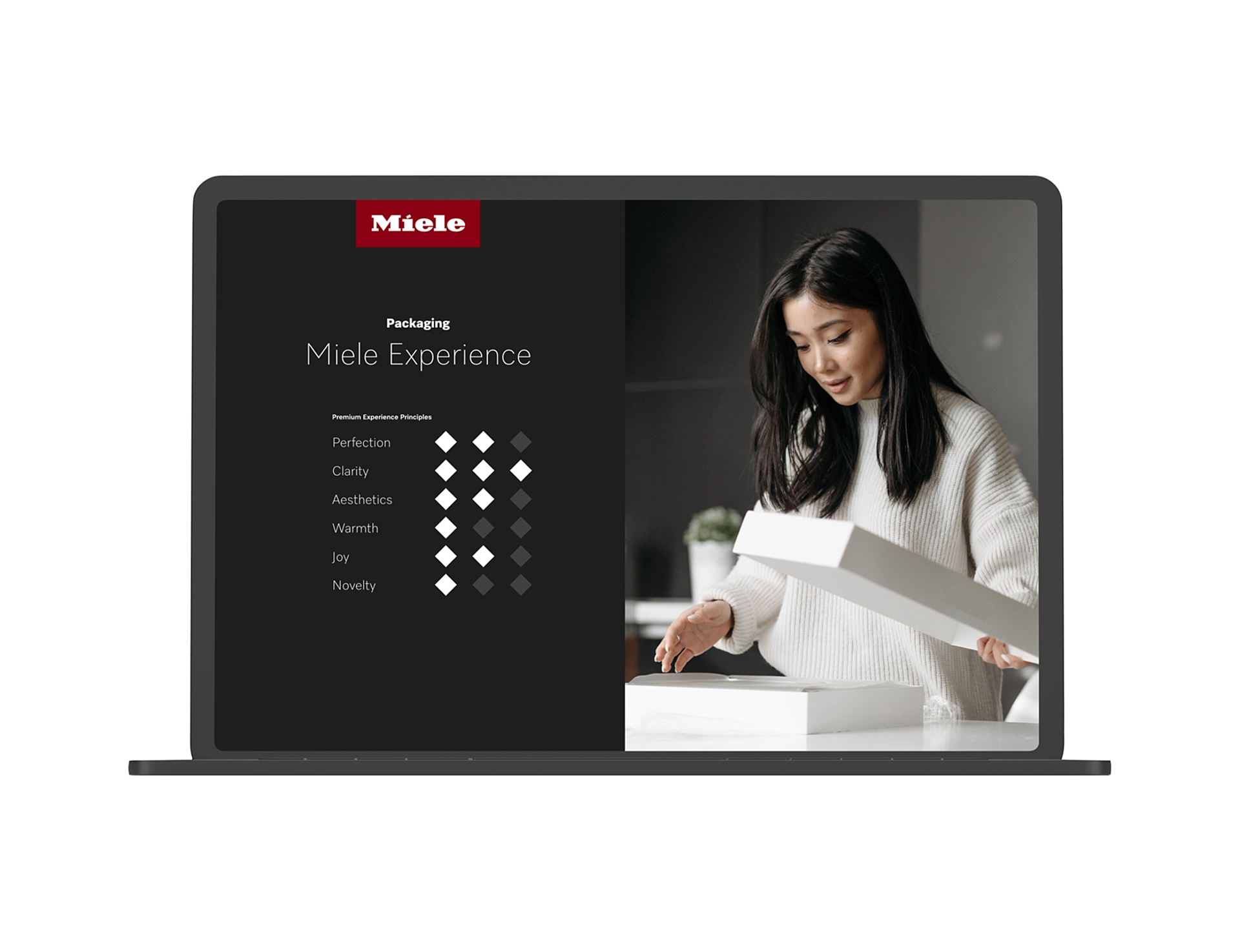 Laptop showing a brand guideline presentation with photography and brand principles
