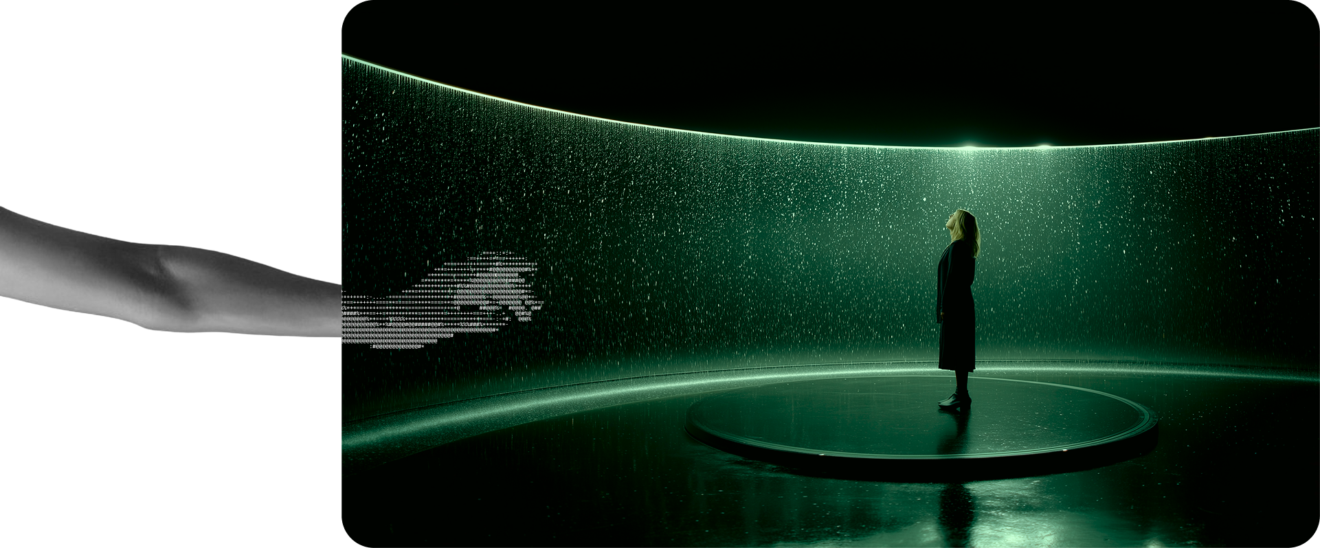 Person standing on a lit circular platform inside an immersive installation