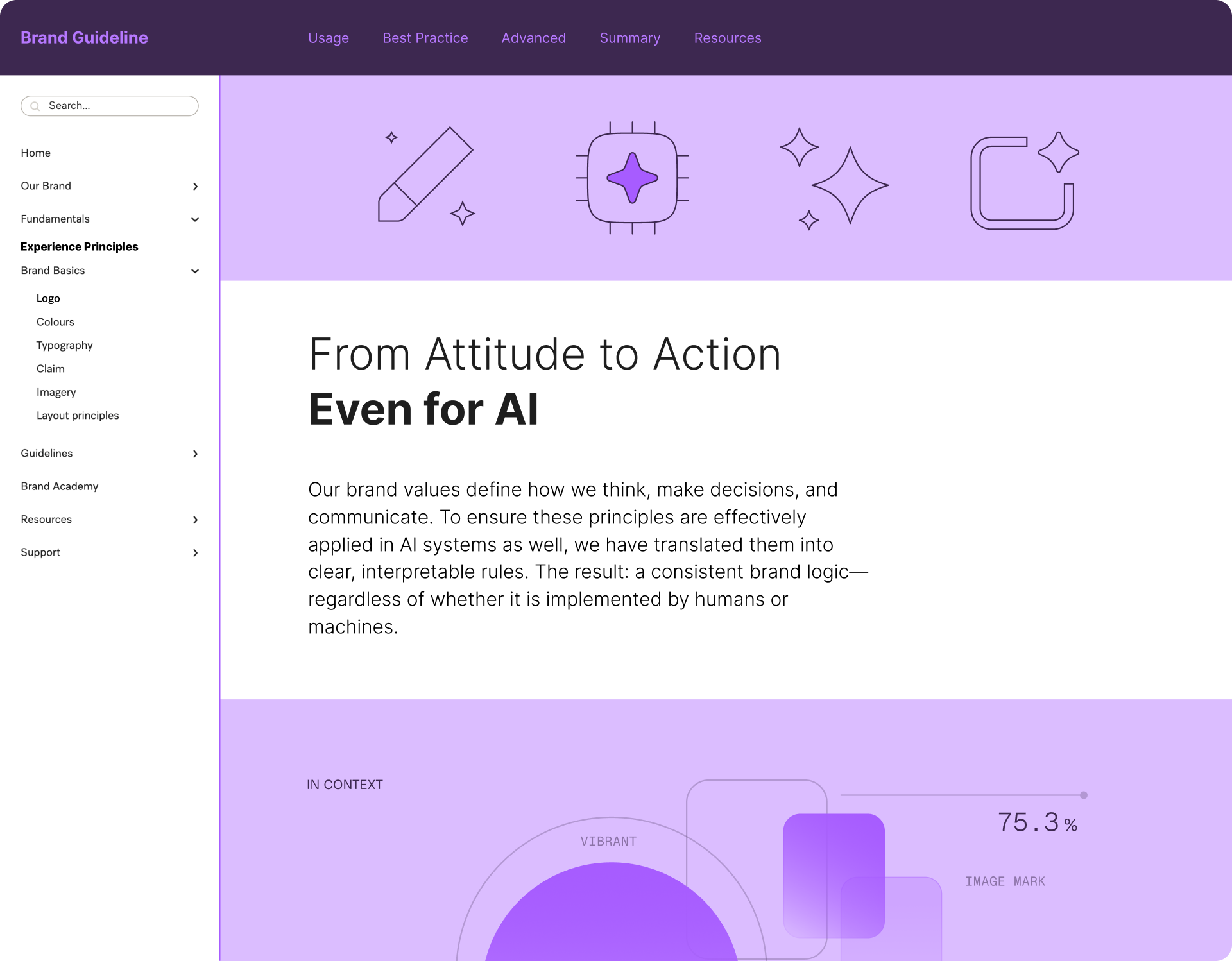 Brand guideline website page describing how brand principles are translated into rules for AI systems